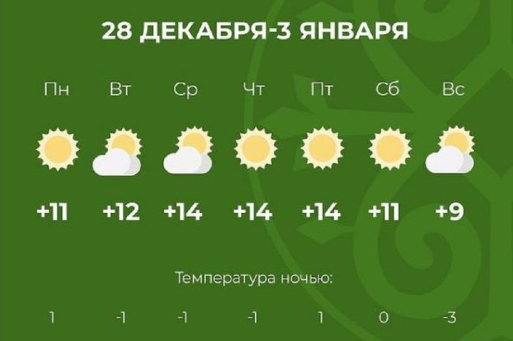 На новогодние праздники в Адыгее воздух прогреется до 14 градусов